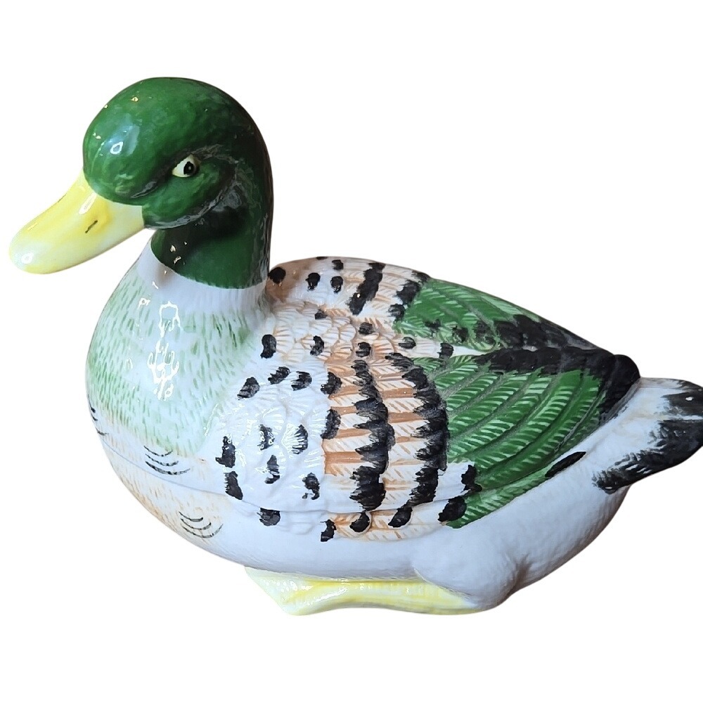 K's Collection Ceramic Mallard/Duck Trinket Dish, Base and Lid, 6"x‎ 3"